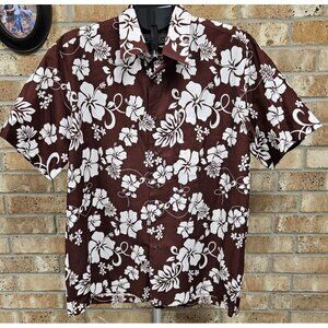 L'homme De Tahiti Hawaiian Shirt Maroon/Burgundy White Hibiscus Floral 2XL